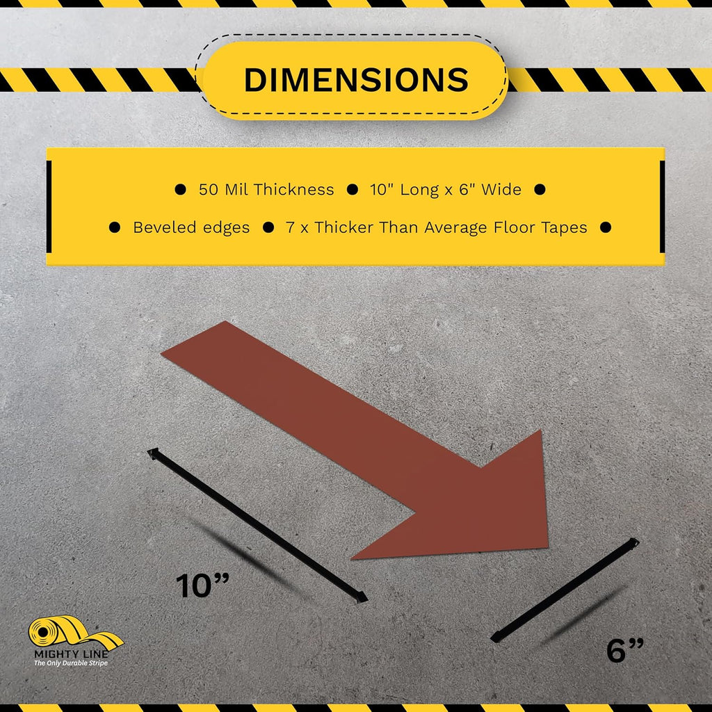 Mighty Line Solid Arrows Directional Sticker Sign Floor Marking Tape for Safety, Caution, Warning, Heavy-Duty, Peel and Stick, Adhesive, Industrial Quality, Brown, 10" by 6", Pack of 50