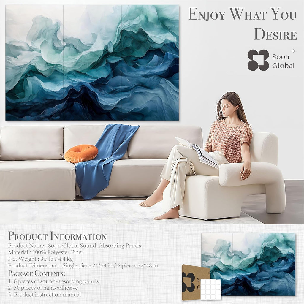 Acoustical Wall Panels, 72 X 48 Inches Art Acoustic Panels, Decorative Acoustic Panels, Acoustic Wall Panels, Sound Absorbing Wall Art, Aqua Dreams