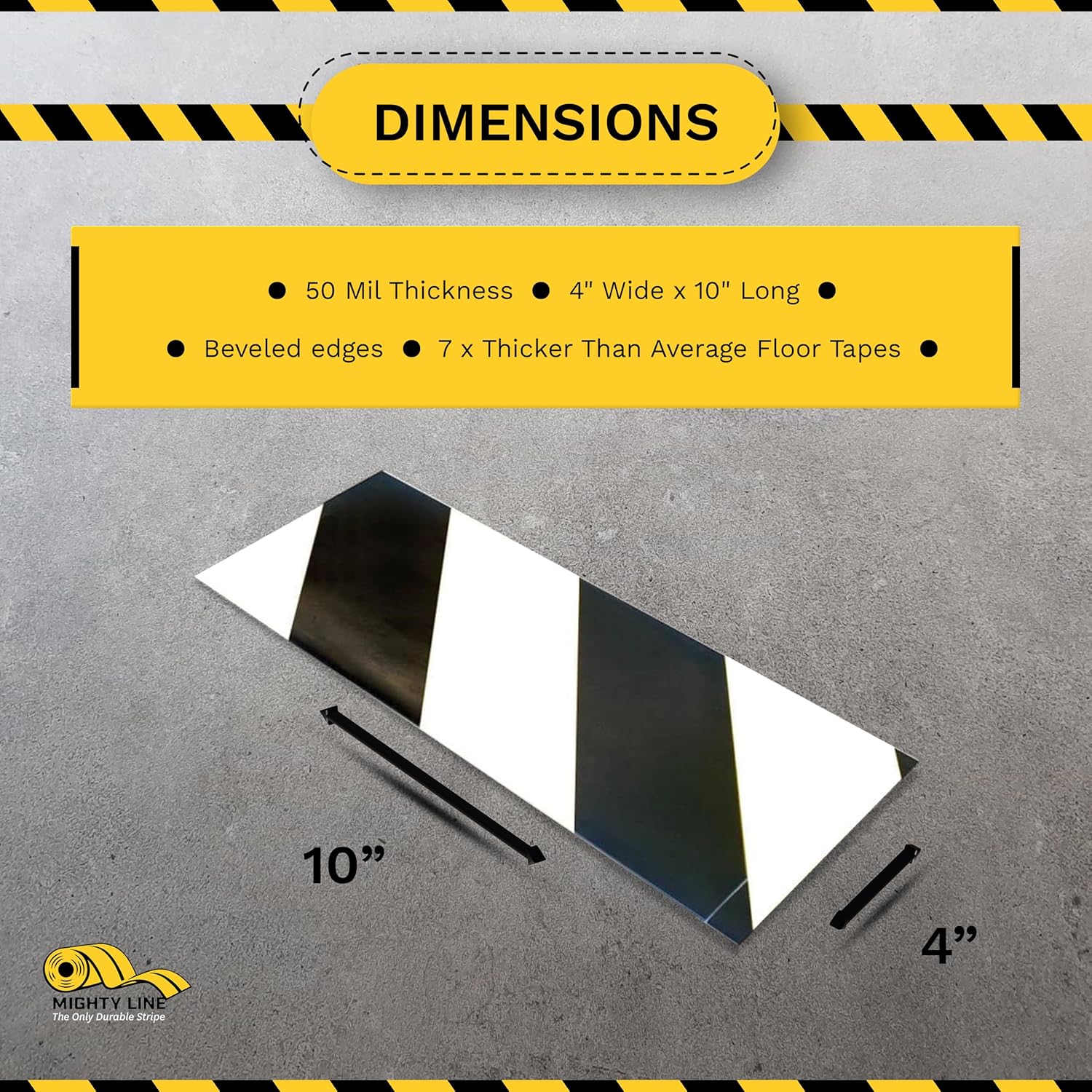 Mighty Line Floor Marking Tape Strips for Safety, Caution, Warning, Heavy-Duty, Peel and Stick, Adhesive, Industrial Quality, White and Black Hazard, 4" by 10"