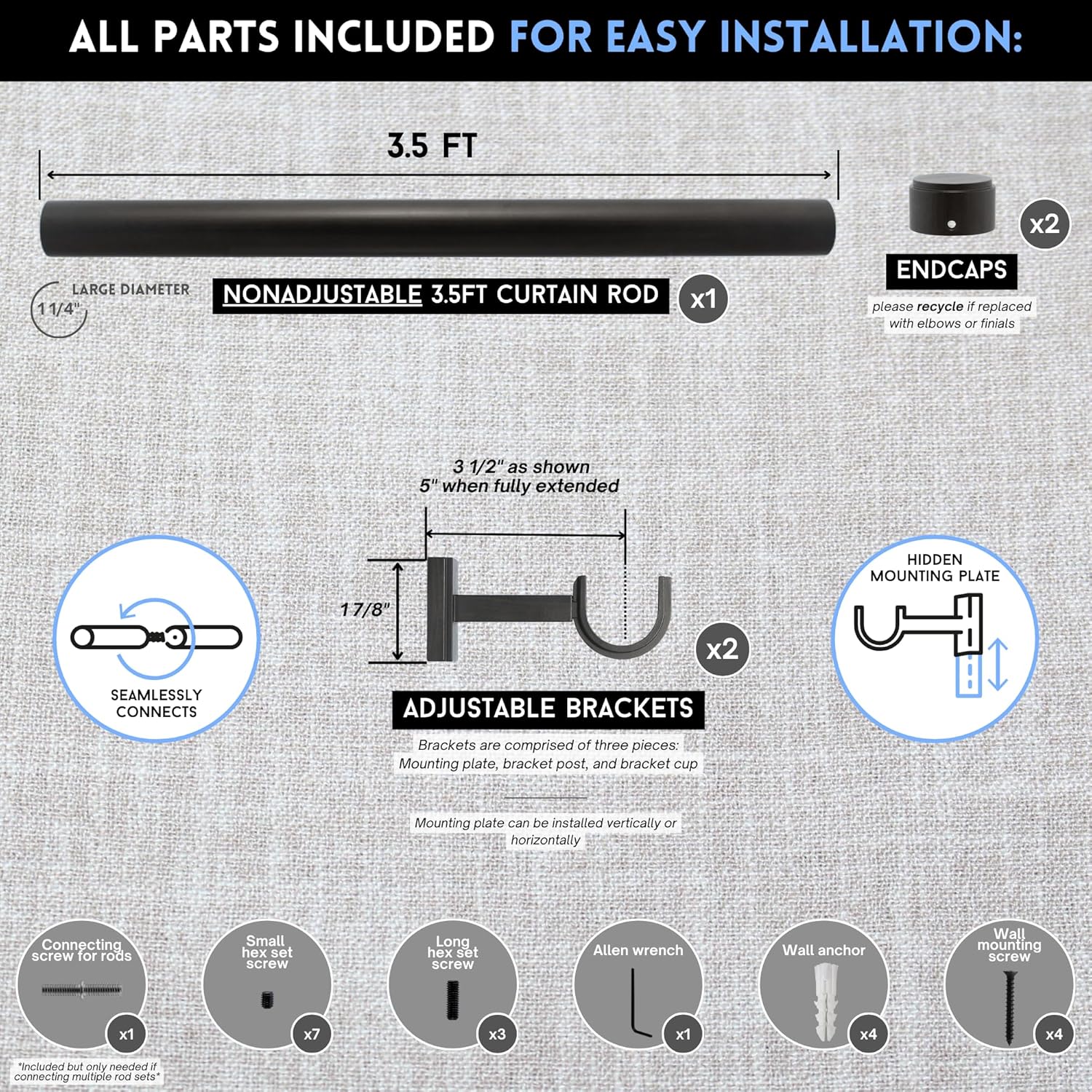 BlastHome® Non-Adjustable Luxury Curtain Rods for Windows, 1 ¼” Rod Set, 3 1/2 foot Fixed Length, Brushed Dark Brown