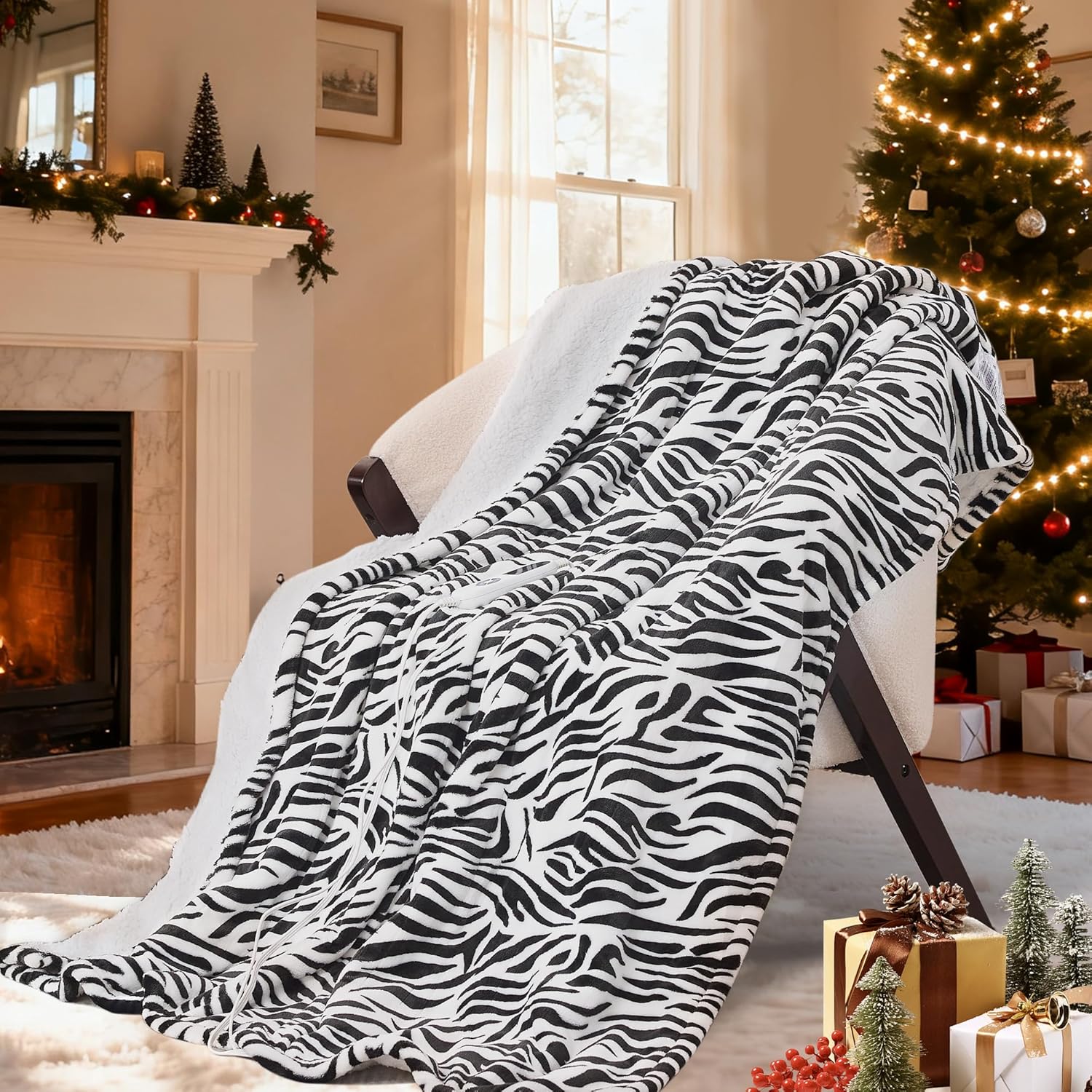 Electric Blanket Twin Size - Reversible Sherpa & Flannel, 62"× 84" Heated Throw Blanket with 6 Heat Settings & 1-12H Timer, Machine Washable, Warm Gift for Women, Tiger