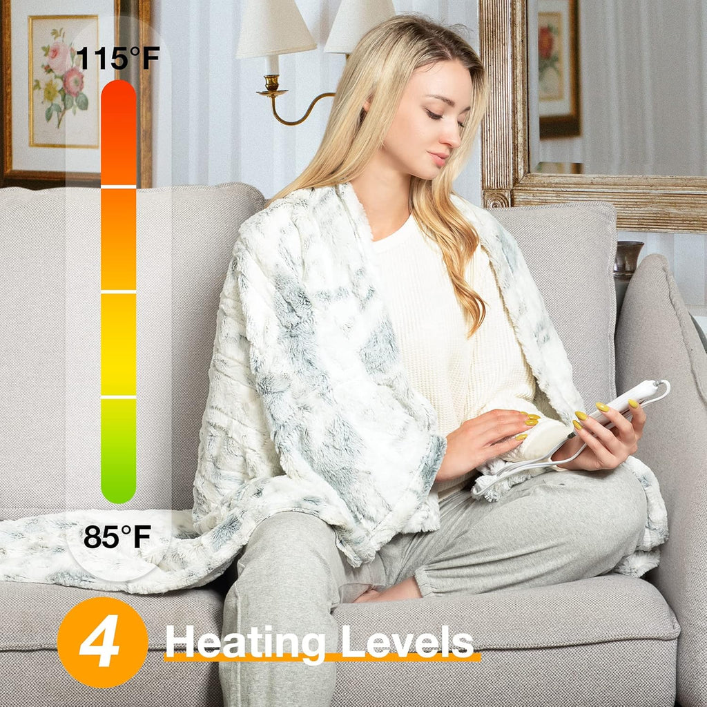 WOOMER Heated Blanket Throw 50" x 60", Electric Blanket Throw with 4 Heating Levels & 4H Auto Off, ETL Certified, Marble Blue Double-Sided Faux Fur, Over-Heat Protect, Machine Washable