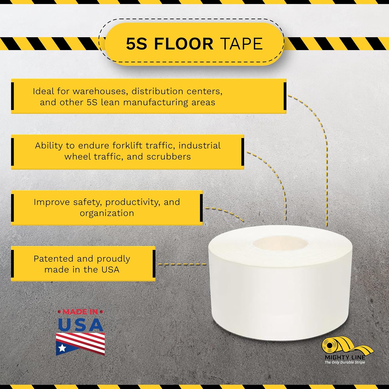 Mighty Line UltraLine Solid Floor Marking Tape for Safety, Caution, Warning, Heavy-Duty, Peel and Stick Adhesive, Beveled Edge Design, Industrial Quality, 4 Inch, 100' Roll, White