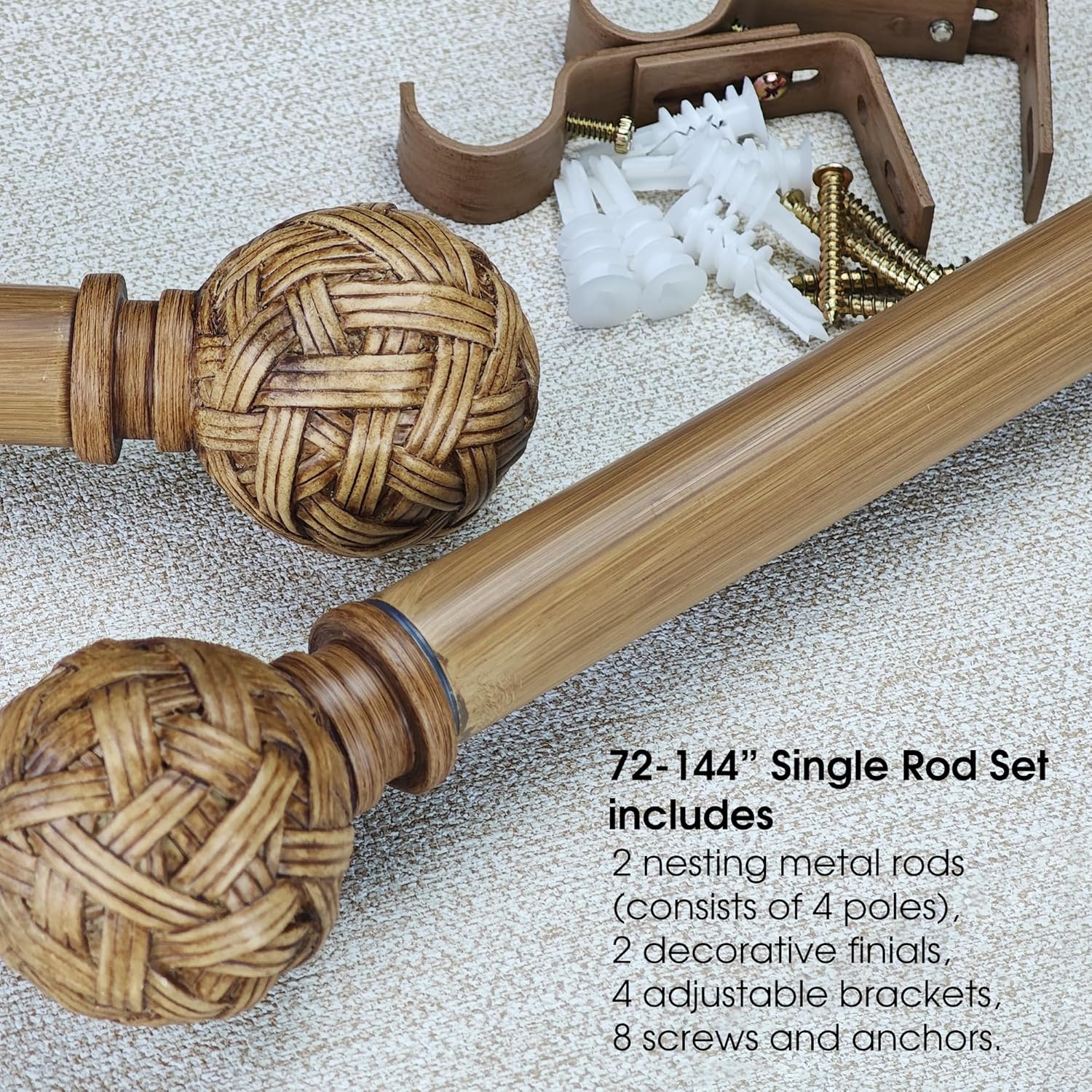 Faux Wood Style Curtain Rod Set with Faux Rattan Look Finial, 72-144 inch, Standard Single Drapery Rod for 1 Pack, 1 inch diameter, Adjustable Length