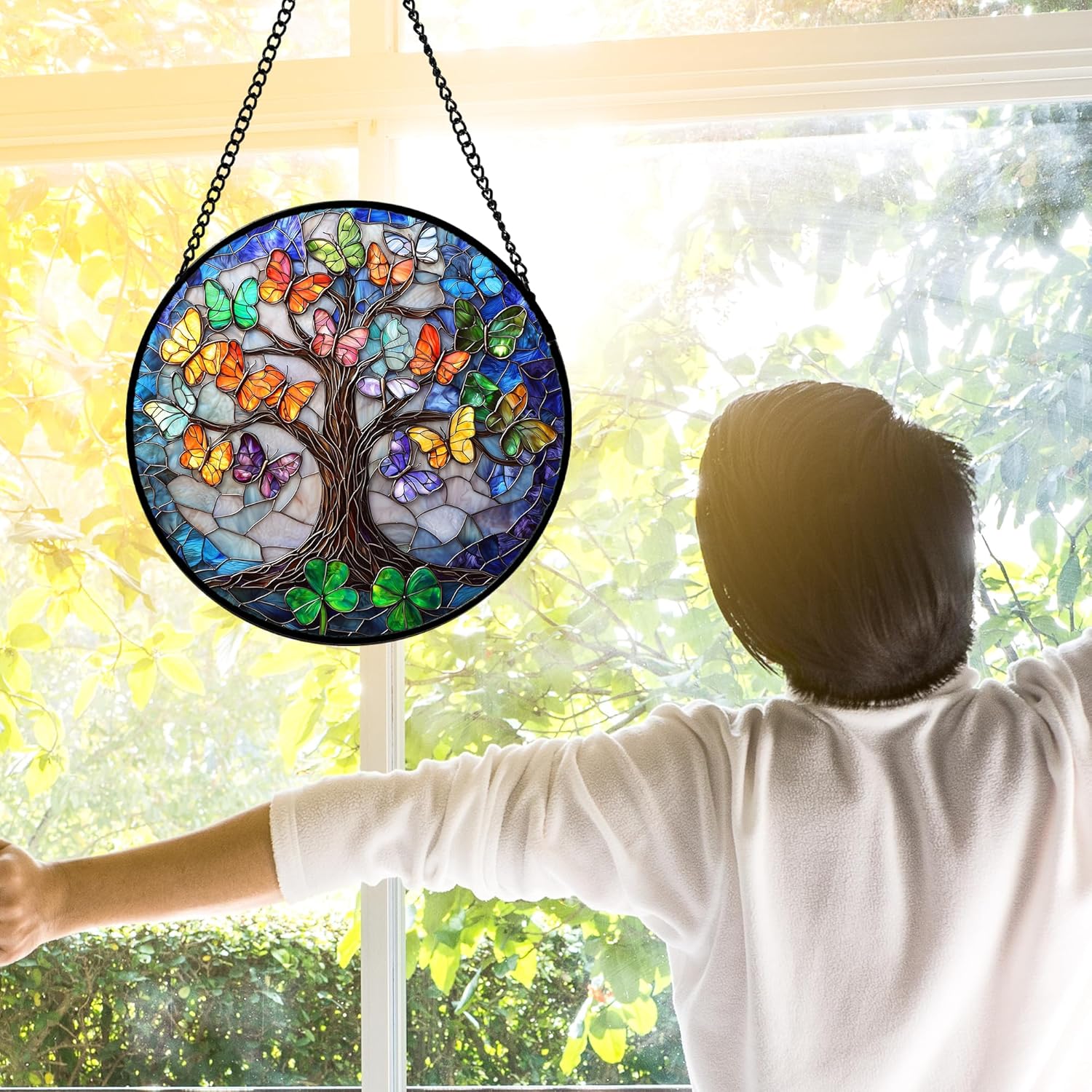 Stained Glass Window Hanging, Butterfly Tree Clover Sun Catchers Glass Panel Blue Suncatcher Decor for Birthday for Women, Men, Wife, Aunt, and Mom 11.8x11.8 in