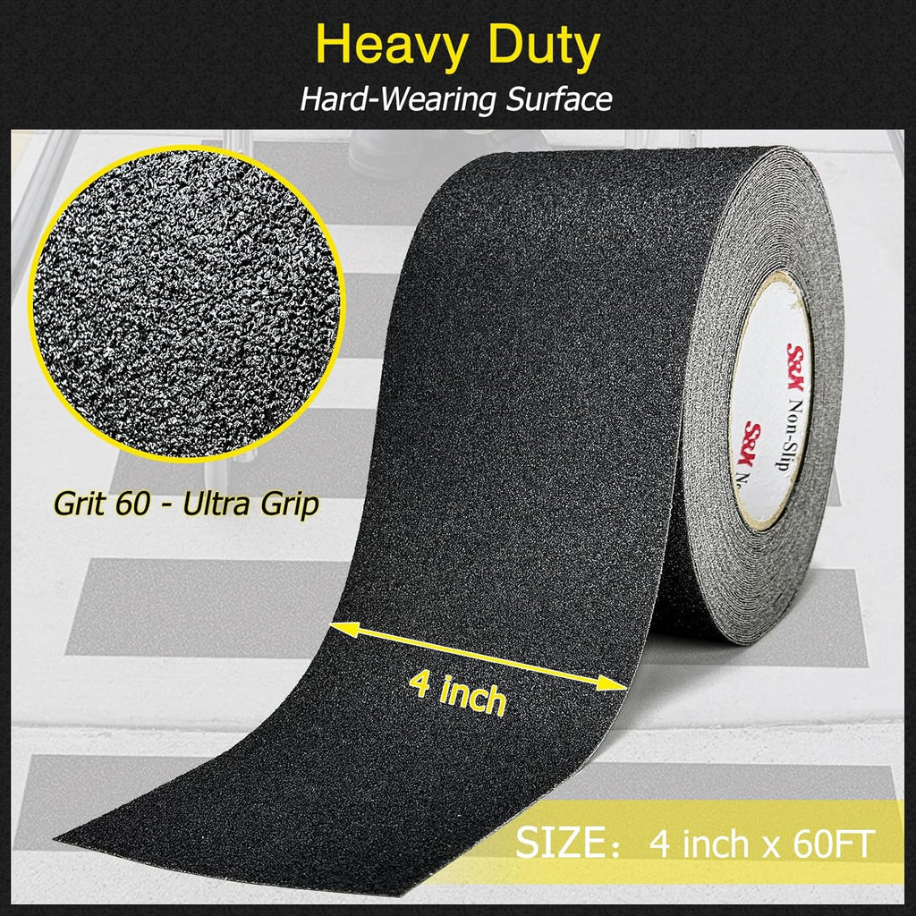 S&X Commercial-Grade Anti Slip Tape - 4" x 60', Grit 60 - Enhanced Traction Grip Tape for Stairs Outdoor Indoor - Weatherproof and Industrial Strength, Black