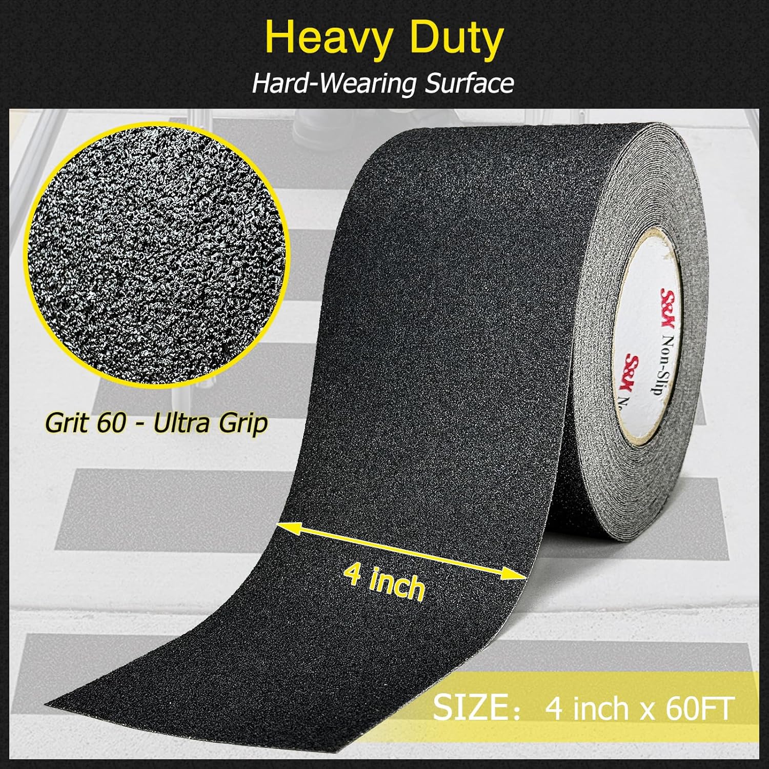 S&X Commercial-Grade Anti Slip Tape - 4" x 60', Grit 60 - Enhanced Traction Grip Tape for Stairs Outdoor Indoor - Weatherproof and Industrial Strength, Black
