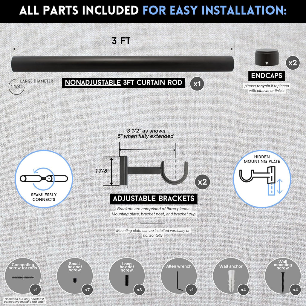 BlastHome® Non-Adjustable Luxury Curtain Rods for Windows, 1 ¼” Rod Set, 3 foot Fixed Length, Brushed Dark Brown