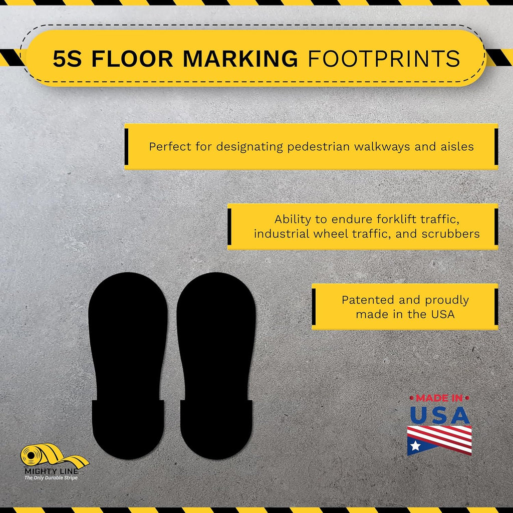 Mighty Line Big Footprints Floor Marking Tape for Safety, Caution, Warning, Heavy-Duty, Peel and Stick, Adhesive, Industrial Quality, 12" Long x 5" Wide, Black, Pack of 50
