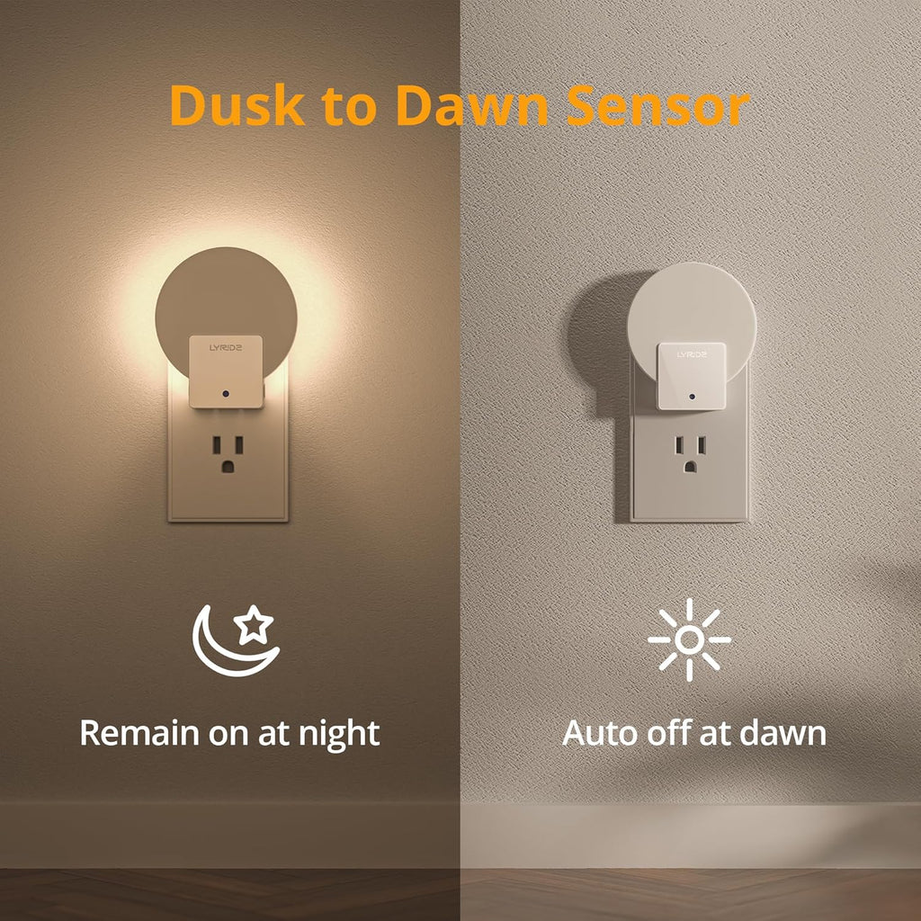 Lyridz Plug in LED Backlit Night Light with Auto Dusk to Dawn Sensor, 1-50 LM Dimmable Warm White Nightlight Indoor for Bedroom, Bathroom, Kids Room, Pet House, Kitchen, Stairs, Hallway, 4 Pack