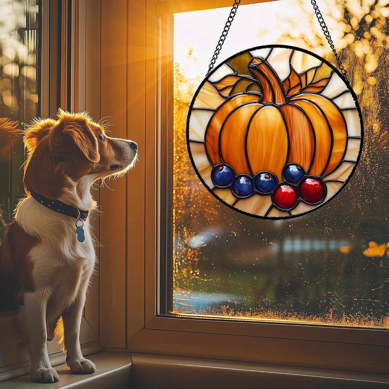 Stained Glass Window Hanging Fall Pumpkin Berries 7.8" - Suncatcher Door Garden Kitchen Sunroom Sun Catcher Autumn Home Decor Birthday for Mom Grandma Men Woman