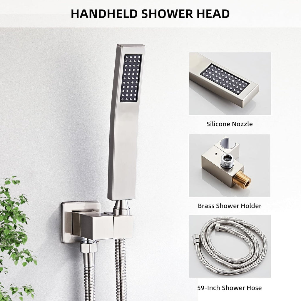 Shower Faucet Set Complete with Tub Spout Shower System Wall Mounted with 10 inch Rainfall Shower Head and Handheld Shower Rain Shower Combo for Bathroom, Brushed Nickel