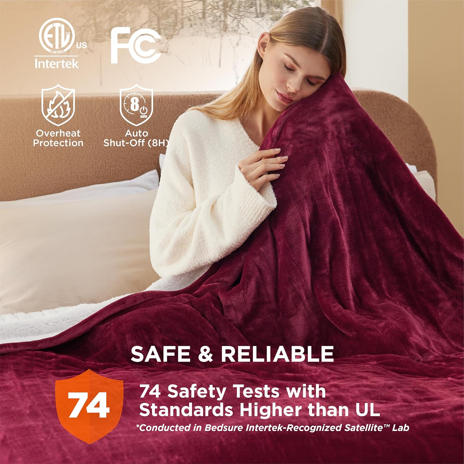 Bedsure Electric Blanket Queen Size - Dual Control Heated Blanket Queen, Fast Heating with 10 Time Settings & 10 Heat Settings, Warm Gift for Grandma (84x90 inches, Burgundy)