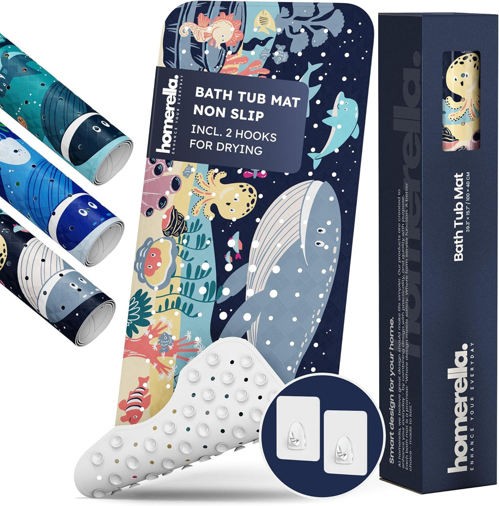 Bath Tub Mat Non Slip Anti Mold for Kids BPA Free INCL Hooks - homerella® Ocean Sea Animals 40x16, Baby Bath Mat Non Slip 200 Suction Cups, Non Toxic Machine Washable Toddler Bath Mat, EU Certified