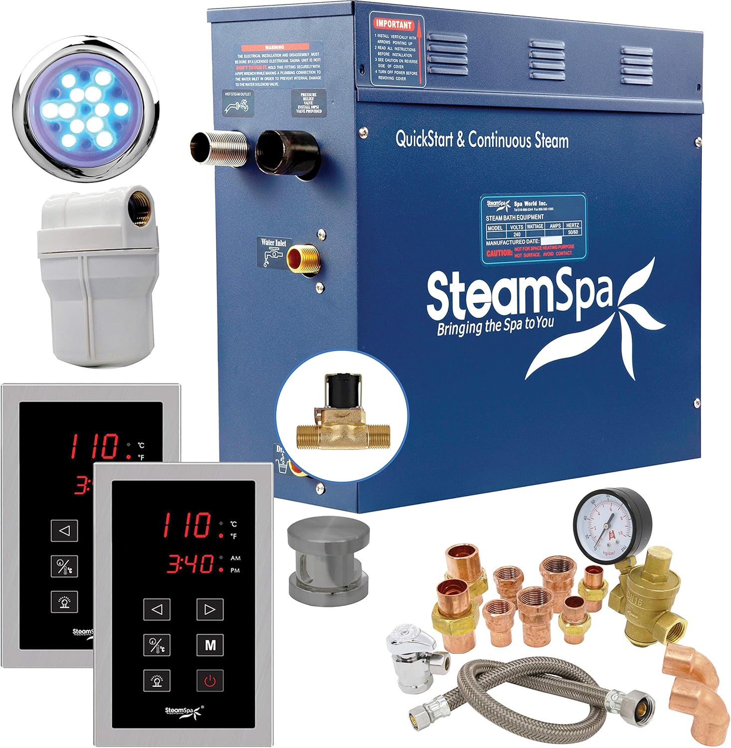 SteamSpa 9kW Steam Sauna Generator Executive Bundle 240V Steam Generator with Touch Pad, Steamheads, Pressure Relief Valve, Built-in Auto Drain, LED Light, Filter and Quick Install Kit EXT900BN-A