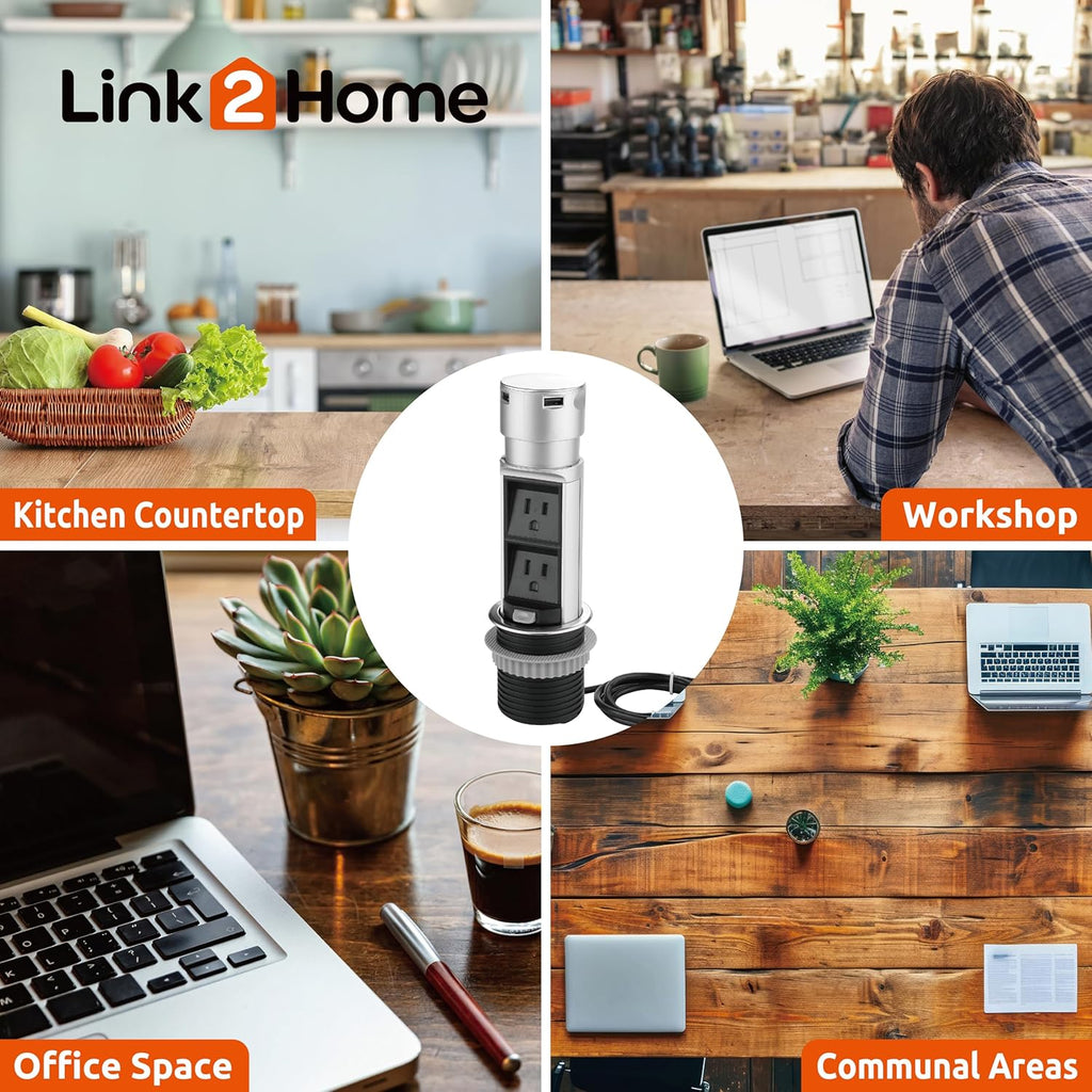 Link2Home 2 Pack Space Saver Pop Up Outlet Station with USB, 2 Power Outlets 15A, 2 USB Ports 2.4A Fast Charge Splash Resistant, Stainless-Steel Finish, for Kitchen Island, Office Table and Workshop