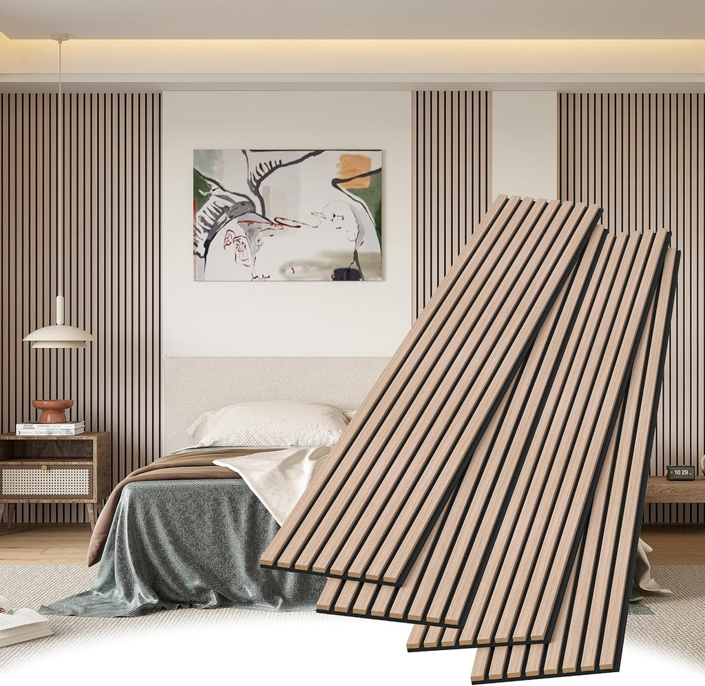 Stylish Decorative Wall Panels, 4 Pack 8 x 1 ft, Modern Acoustic Wood Panels with Felt Backing, Natural