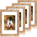 iRahmen 8x12 Picture Frame Set of 4 with High Definition Real Glass, Display 6x8 Pictures with Mat or 8 x 12 Without Mat, Rustic Brown Wood Photo Frames for Tabletop and Wall Mounting