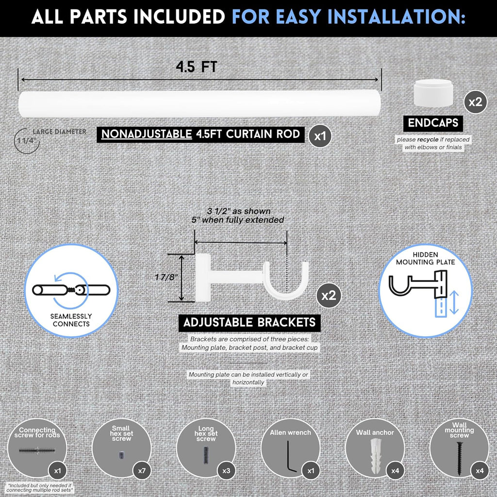 BlastHome® Non-Adjustable Luxury Curtain Rods for Windows, 1 ¼” Rod Set, 4 1/2 foot Fixed Length, White