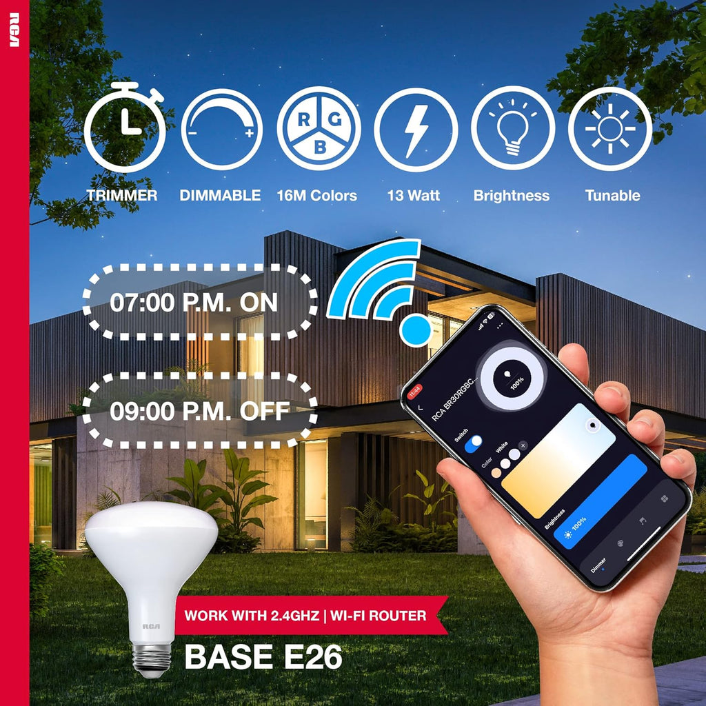 RCA Dimmable Smart Light Bulbs, 1-PK | BR30 WiFi LED Light Bulb | Indoor Flood LED Bulbs | 9W (60W Eq) | 2700K Soft White, 720 Lumens, E26 Base | Voice Activated Lights, Google & Alexa Light Bulb