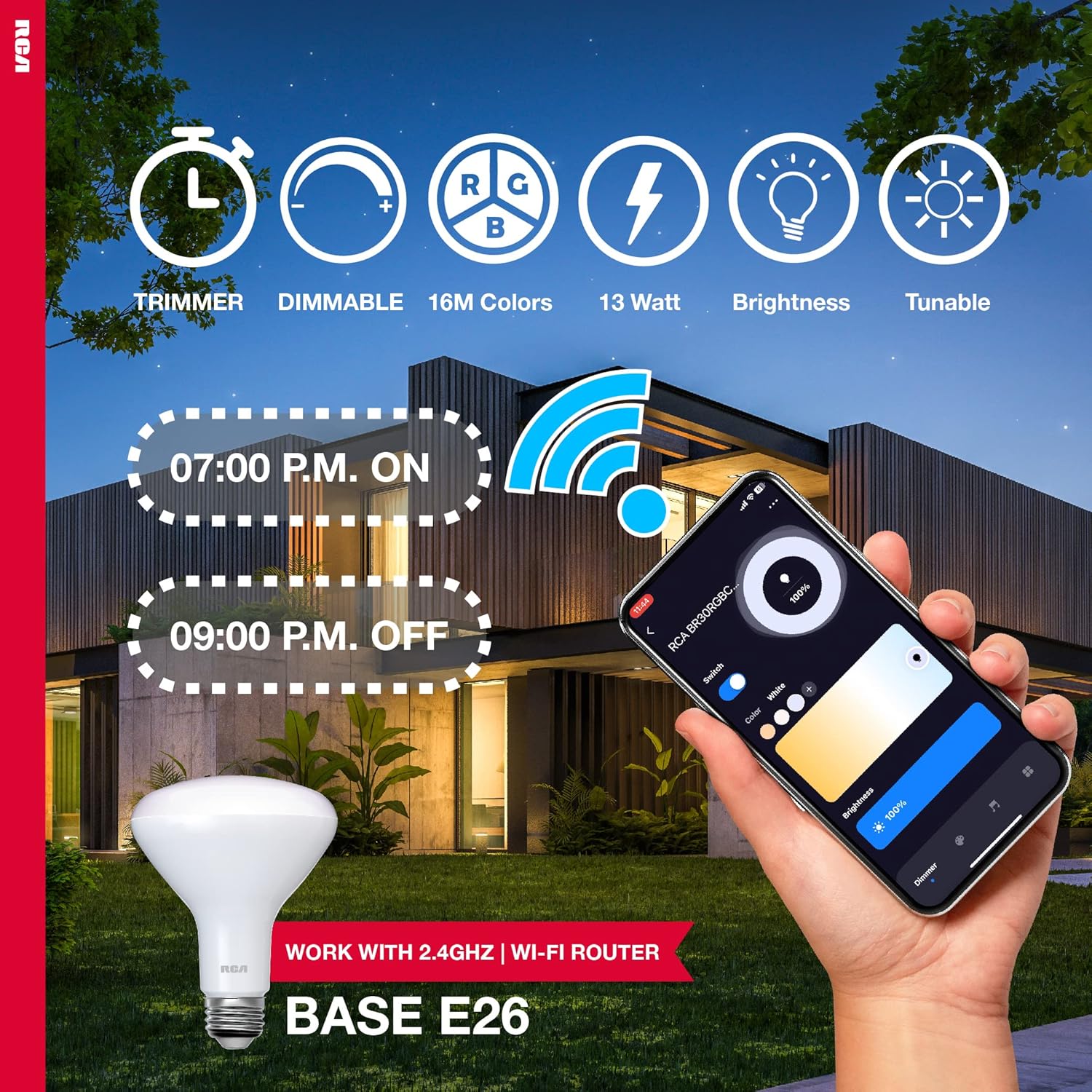 RCA Dimmable Smart Light Bulbs, 1-PK | BR30 WiFi LED Light Bulb | Indoor Flood LED Bulbs | 9W (60W Eq) | 2700K Soft White, 720 Lumens, E26 Base | Voice Activated Lights, Google & Alexa Light Bulb