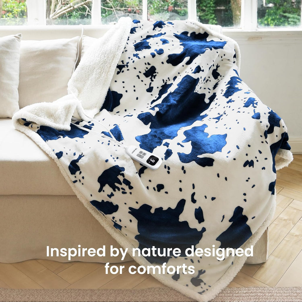 Cow Print Heated Throw Blanket Electric Blanket-Heating Blanket Throw with 10 Heat Levels & 10 Hours Auto-Off, Cozy Soft Fleece Sherpa, Washable, 50 x 60 Inches Cow Print Blue