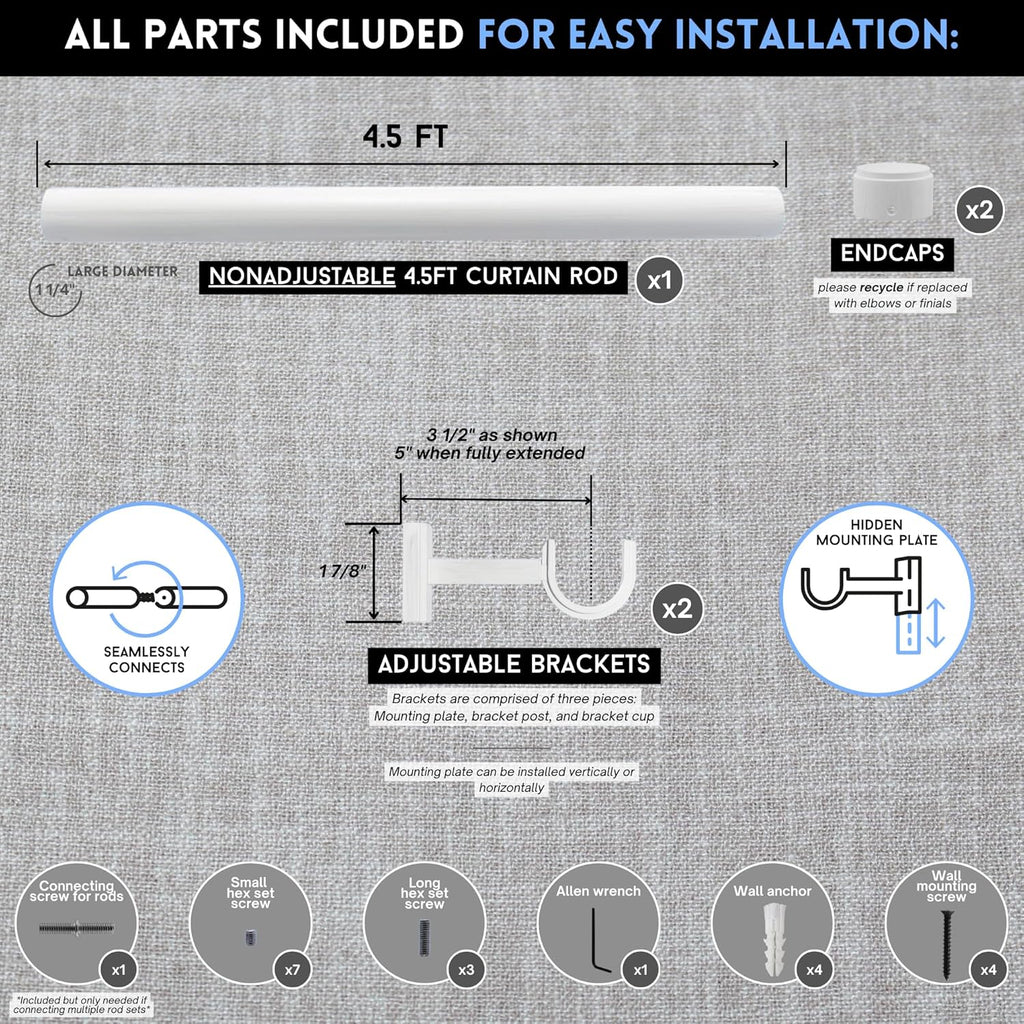 BlastHome® Non-Adjustable Luxury Curtain Rods for Windows, 1 ¼” Rod Set, 4 1/2 foot Fixed Length, Brushed White