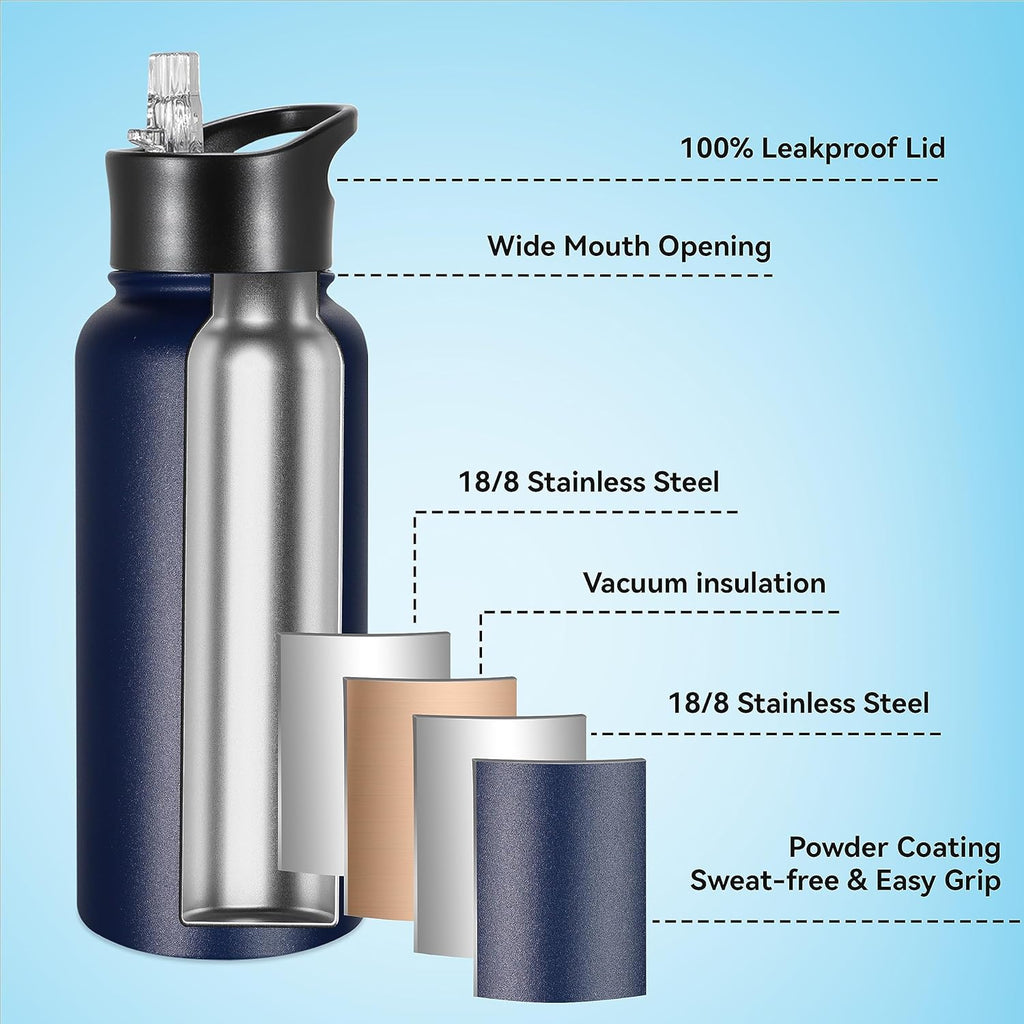VEGOND 32 oz Insulated Water Bottle Bulk Stainless Steel Metal Water Bottles with Leak Proof Straw Lid & Spout Lid, Wide Mouth Double Walled Vacuum Travel Sports Bottle, 4 Pack