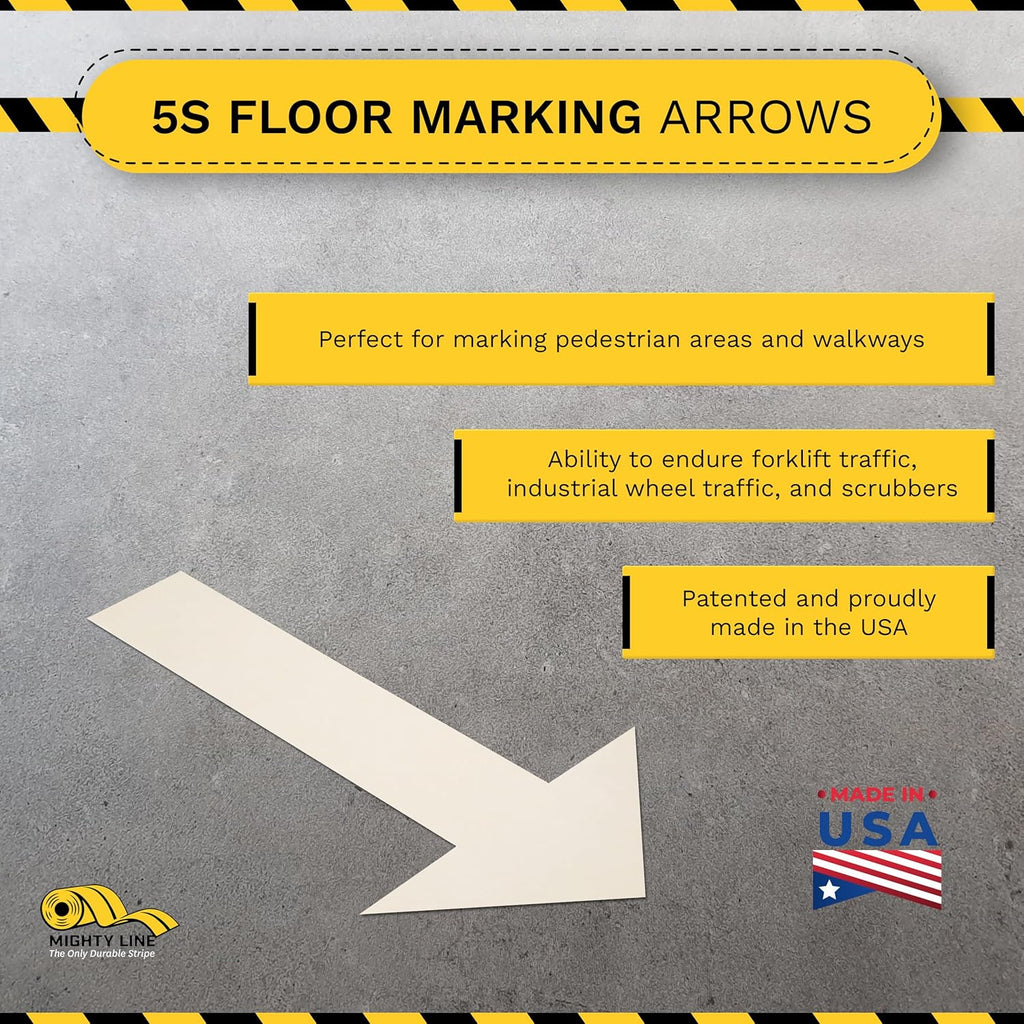 Mighty Line Solid Arrows Directional Sticker Sign Floor Marking Tape for Safety, Caution, Warning, Heavy-Duty, Peel and Stick Adhesive, Industrial Quality, White, 10"x6", 50 Pack