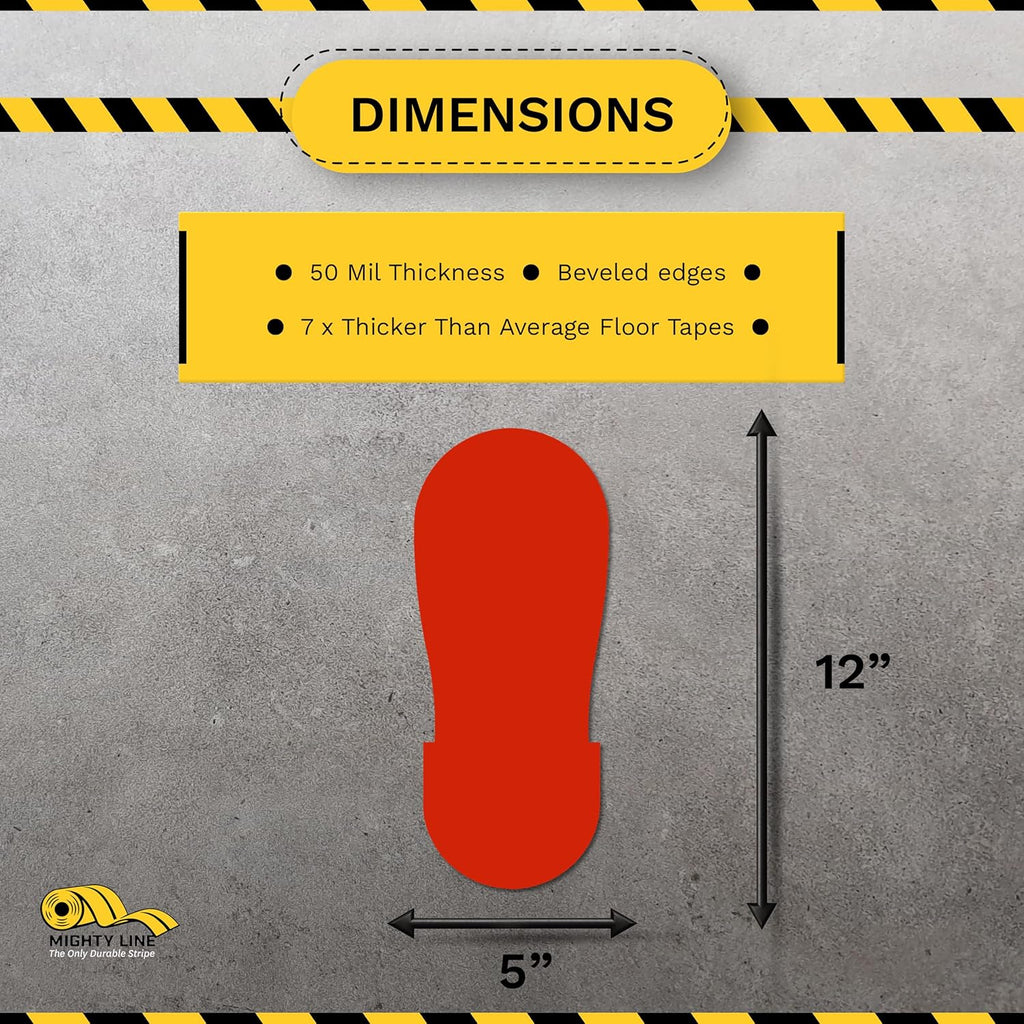 Mighty Line Big Footprints Floor Marking Tape for Safety, Caution, Warning, Heavy-Duty, Peel and Stick, Adhesive, Industrial Quality, 12" Long x 5" Wide, Red, Pack of 50