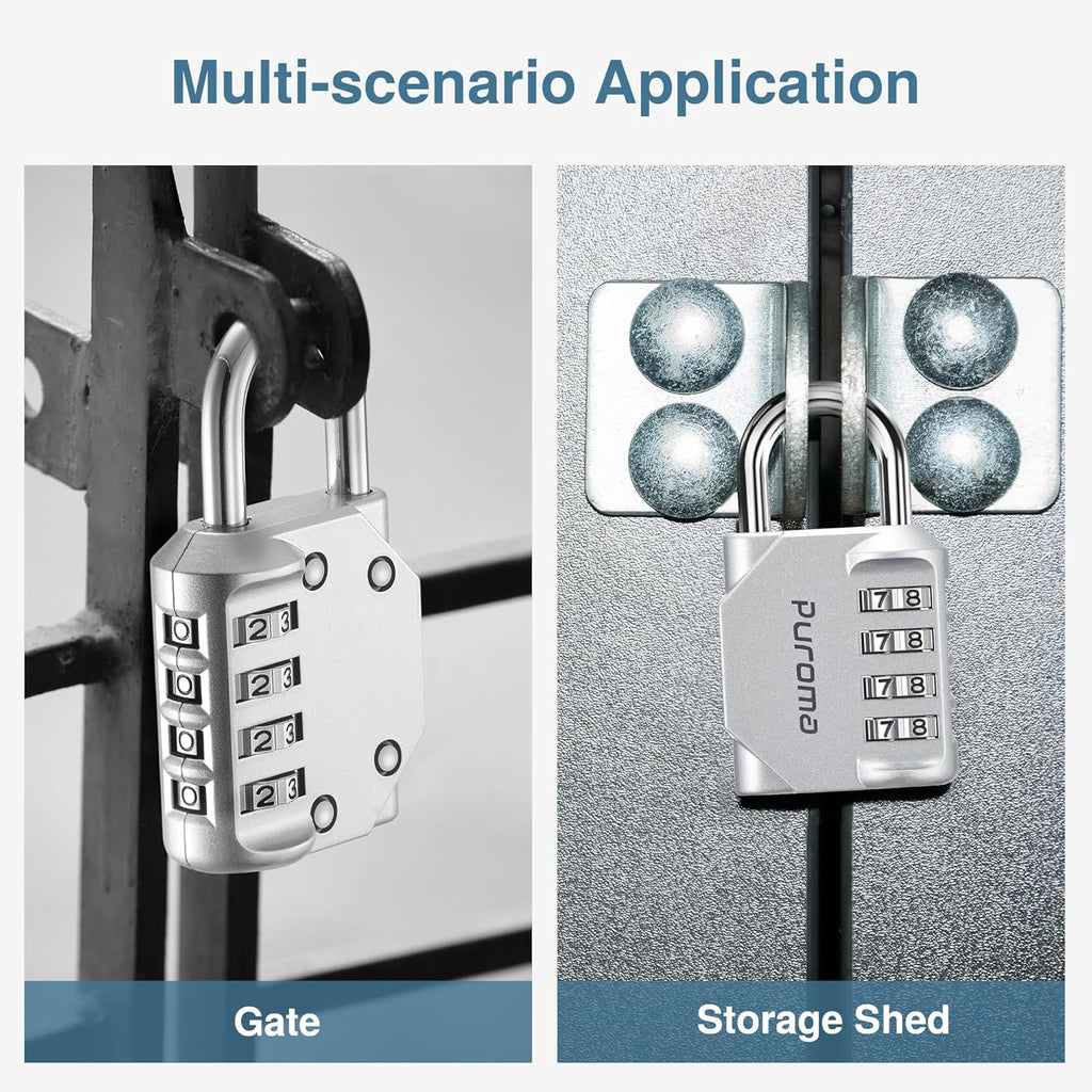 Puroma 4 Pack Combination Lock for Locker 4 Digit Outdoor Waterproof Padlock for School, Gym, Sports, Fence, Toolbox, Gate, Case, Outdoor, Hasp Storage, Cabinets (Silver & Black)