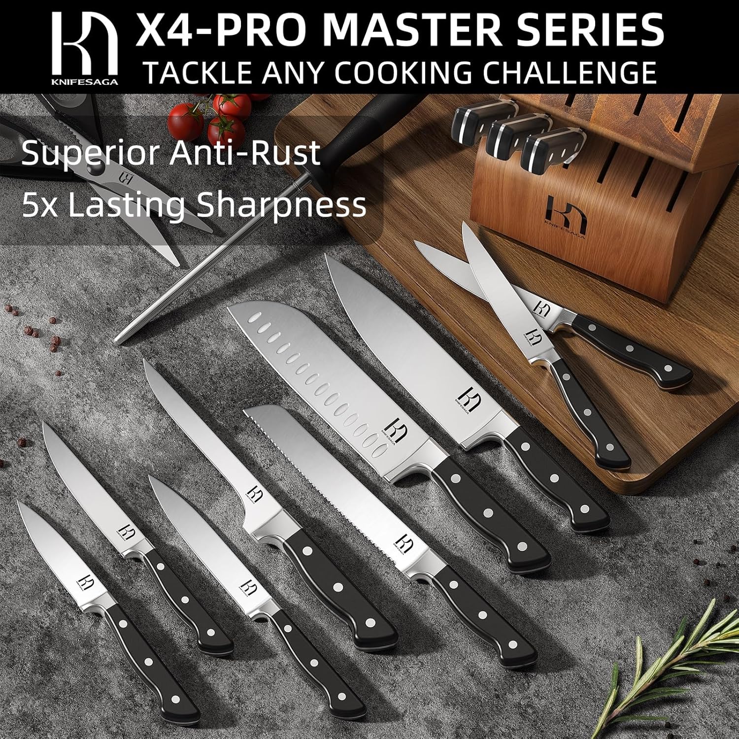 Knife Set, 15 Pcs Kitchen Knife Block Set, Enduring Razor-Sharp Japanese High Carbon Stainless Steel Chef Knife Set with Block and Sharpener, Premium Knives Set for Kitchen, Black Acacia