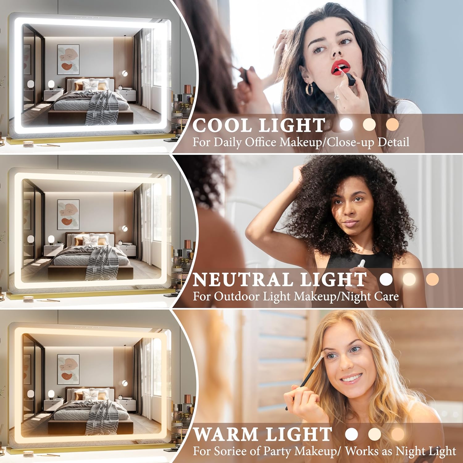 FENNIO Vanity Mirror with Lights 32"x22", Lighted Makeup Mirror, Large Vanity Mirror with Lights, Touch Sensor with 3 Color Lighting,USB Charging Port for Vanity Desk Tabletop（Gold）