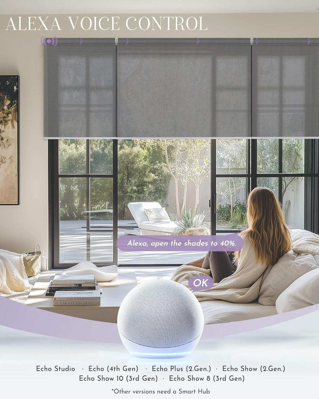 Graywind Smart Coupled Roller Shades Compatible with Alexa Google Custom Size Extra Large Motorized Blinds for Windows(5% Openess Grey)