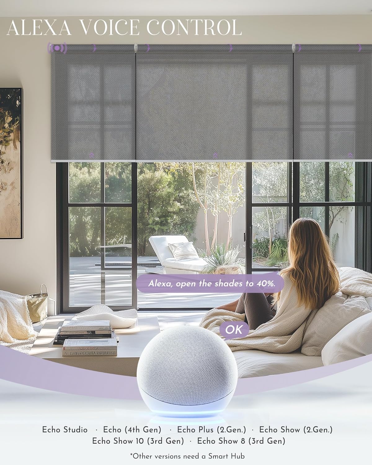 Graywind Smart Coupled Roller Shades Compatible with Alexa Google Custom Size Extra Large Motorized Blinds for Windows(5% Openess Grey)