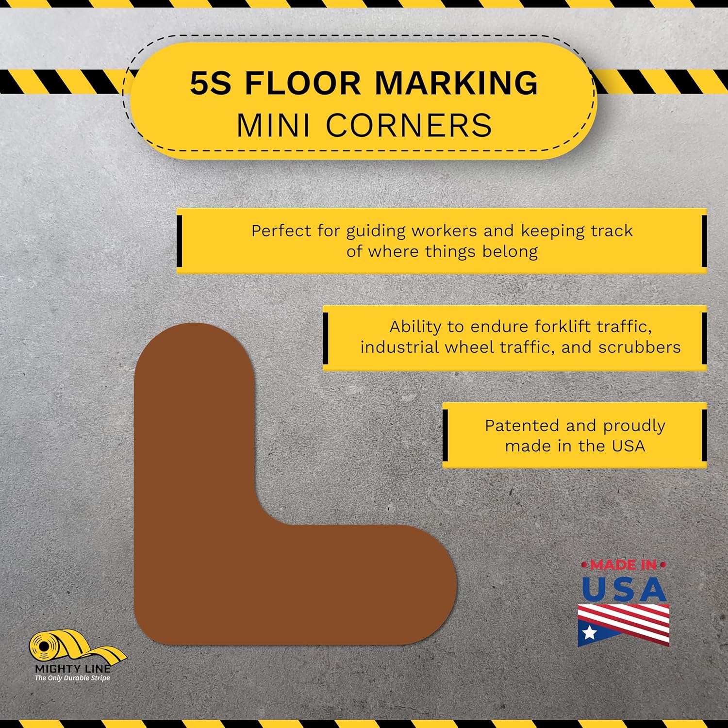 Mighty Line 3/4" Wide Solid Mini Corner Marker Floor Marking Tape, Heavy-Duty, Peel and Stick, Adhesive, Industrial Quality, Brown, Pack of 108