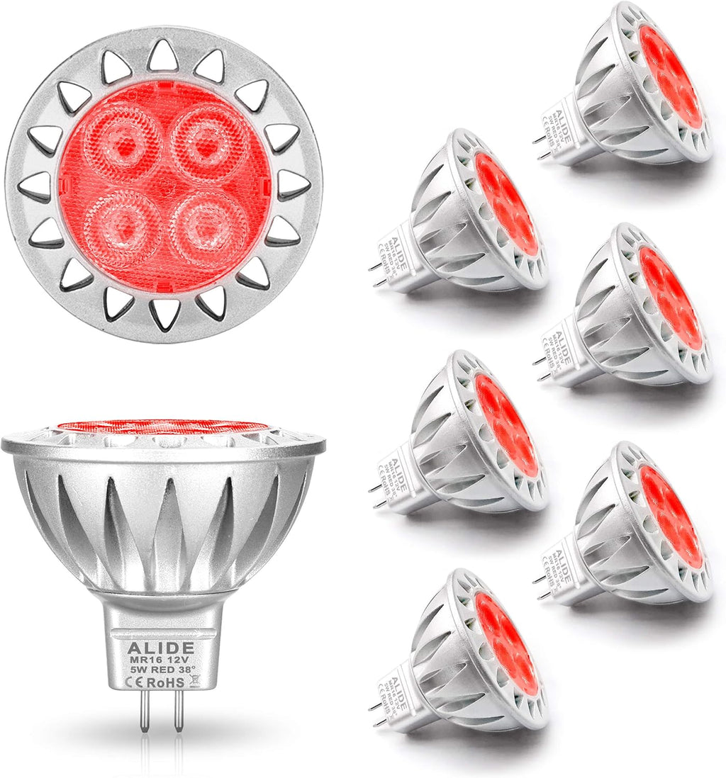 ALIDE Red MR16 GU5.3 Led Bulbs 5W,20W 35W 50W Halogen Equivalent,12V Low Voltage MR16 Led Red Bulb Spotlights for Outdoor Landscape Yard Garden Tree Pool Holiday Lighting,Not Dimmable,38 Deg,6 Pack