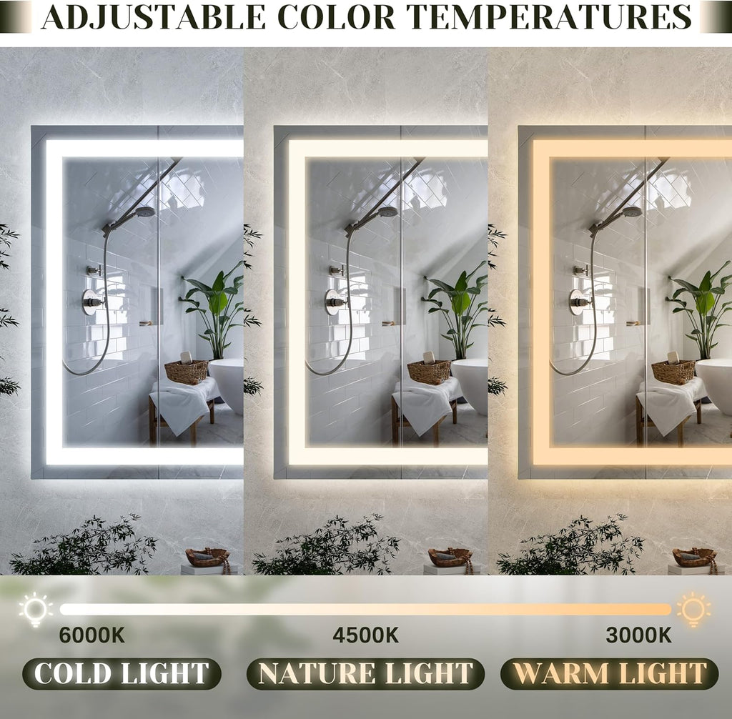 ROLOVE 32x 22 Inch Large Lighted Vanity Mirror with Dimmable 3 Modes, LED Makeup Mirror for Bathroom ＆ Dressing Room, Tabletop or Wall-Mounted, White