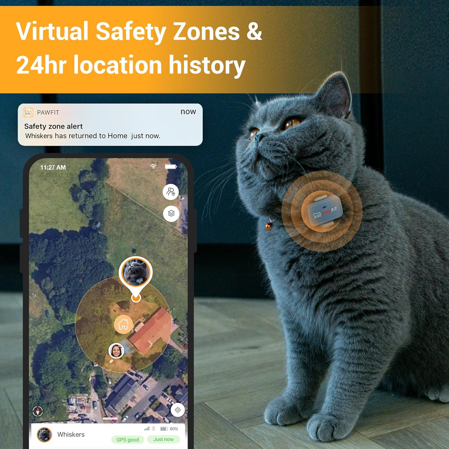 Pawfit Lite for Cats 4g GPS Tracker | Ultra-Small (<18g) Design | Real-Time Tracking | Activity Monitoring | Location History | Unlimited Range | Safety Collar Included | Lilac Grey