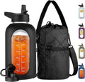 CIVAGO Half Gallon Glass Water Bottle with Straw and Insulated Bottle Holder Sling, 64 oz Motivational Water jug with Time Marker and Silicone Sleeve, Water Flask with 2 Lids, Black