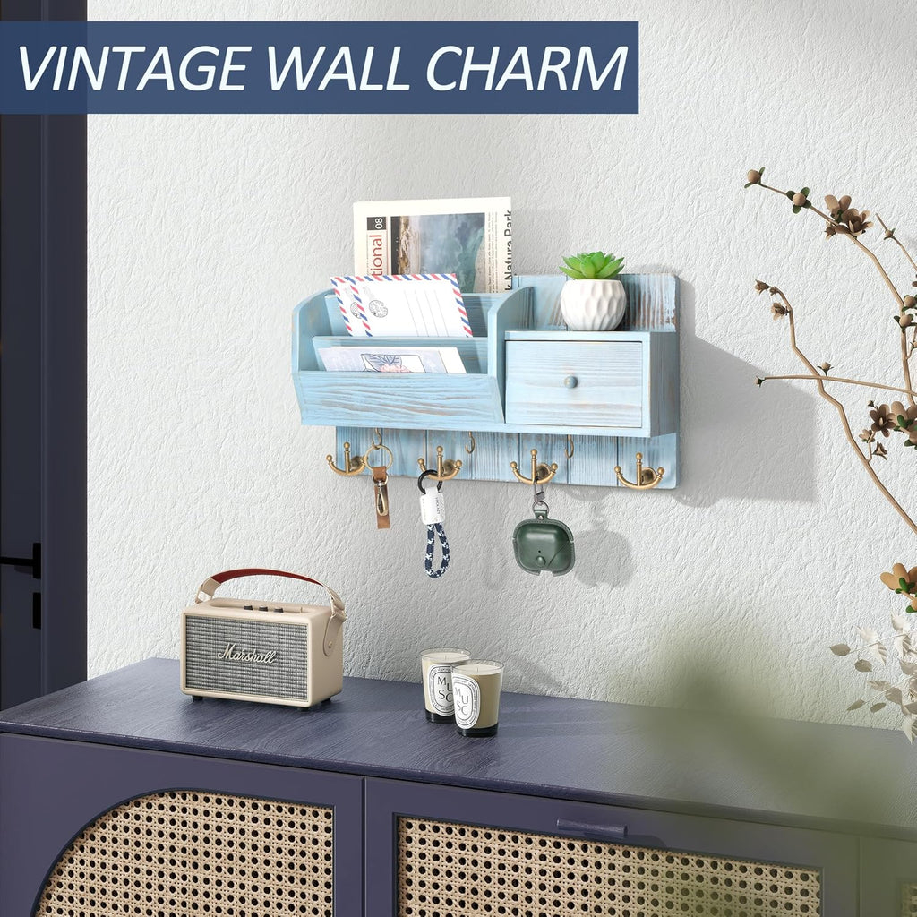 Rebee Vision Key Holder Wall Mount with Mail Sorter - Decorative Mail and Key Organizer for Wall with Hooks and Drawer Organizer - Ideal Storage Solution for Home Improvement (Distressed Blue)