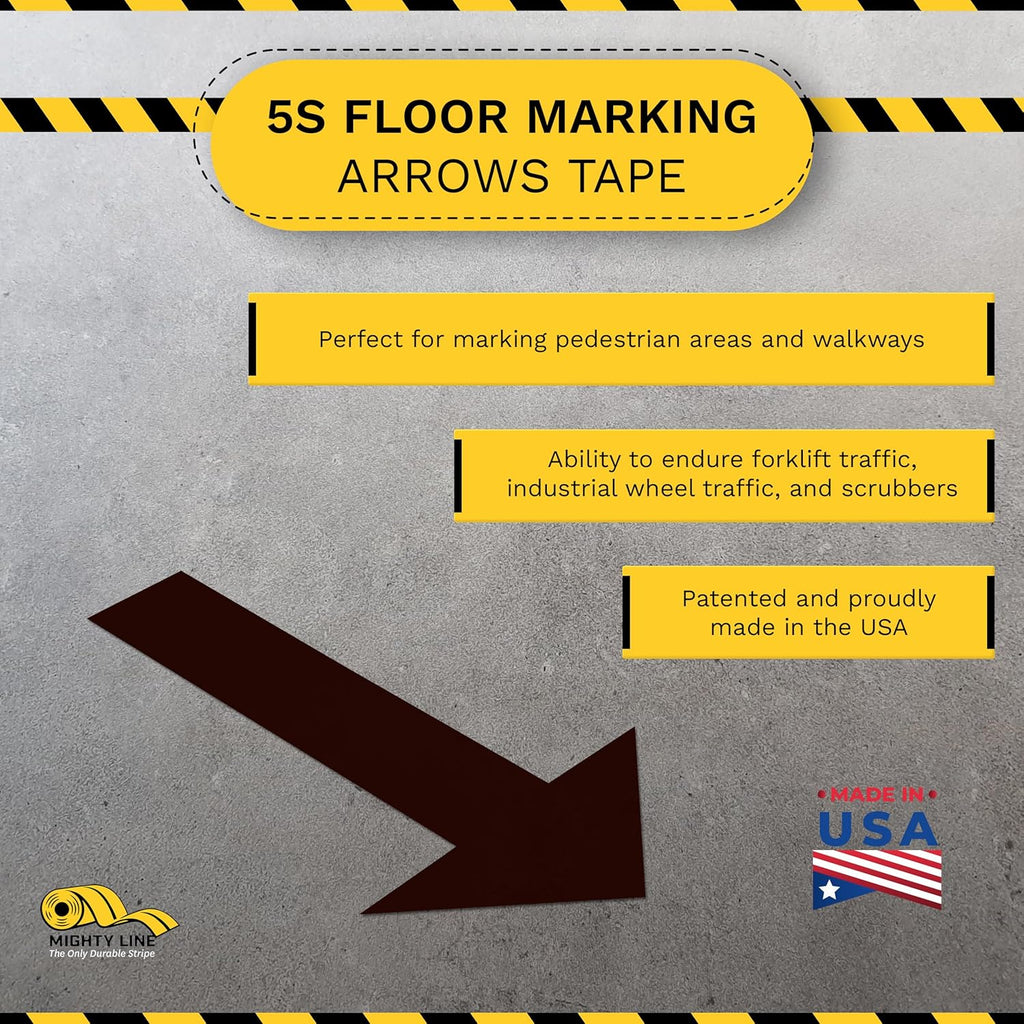 Mighty Line Solid Arrows Directional Sticker Sign Floor Marking Tape for Safety, Caution, Warning, Heavy-Duty, Peel and Stick, Adhesive, Industrial Quality, Black, 10" by 6", Pack of 50