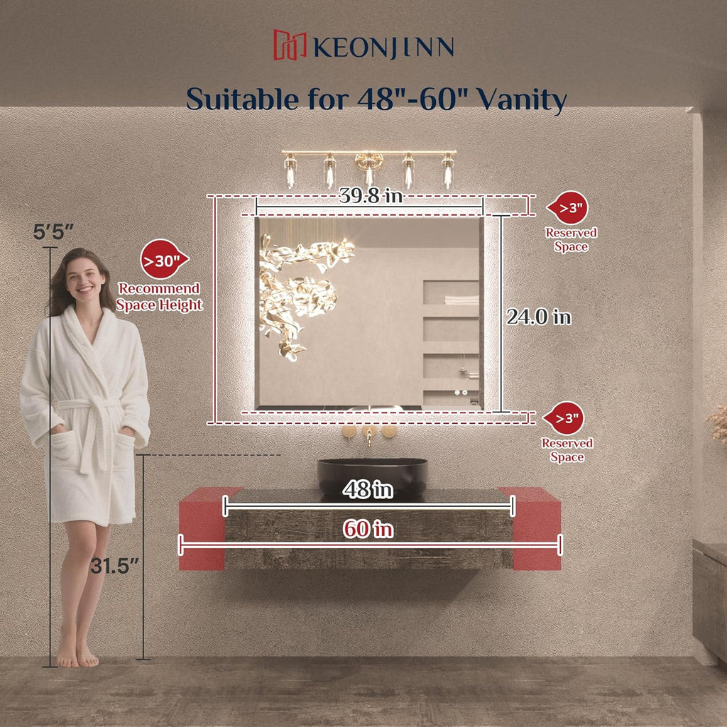 Keonjinn 40 x 24 Inch Backlit LED Mirror for Bathroom, Beveled Frameless Mirror with Backlight, Safe Tempered Glass, UL-Listed LED Driver, 3 Color Lights, Defogging, Decorative(Horizontal/Vertical)