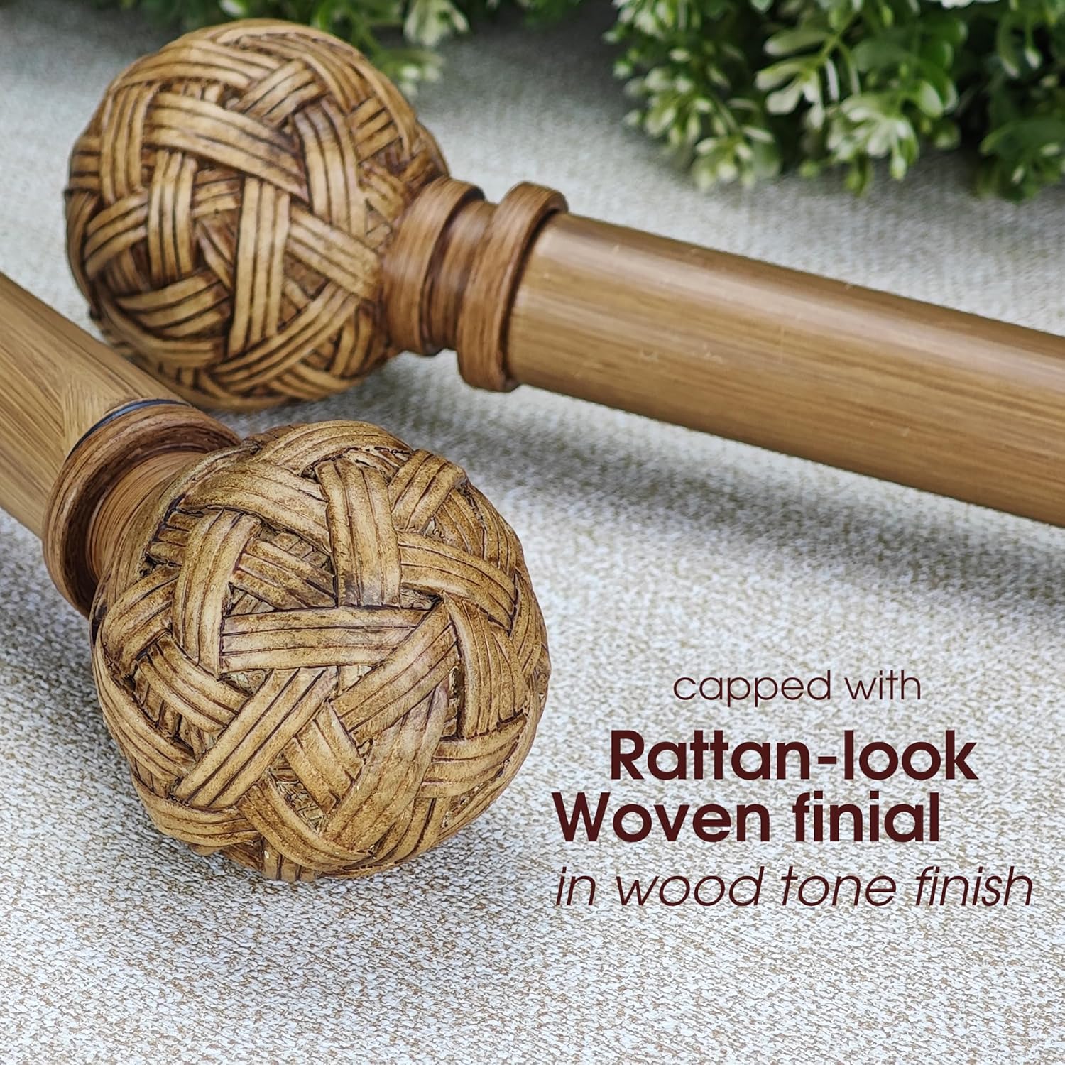 Faux Wood Style Curtain Rod Set with Faux Rattan Look Finial, 72-144 inch, Standard Single Drapery Rod for 1 Pack, 1 inch diameter, Adjustable Length