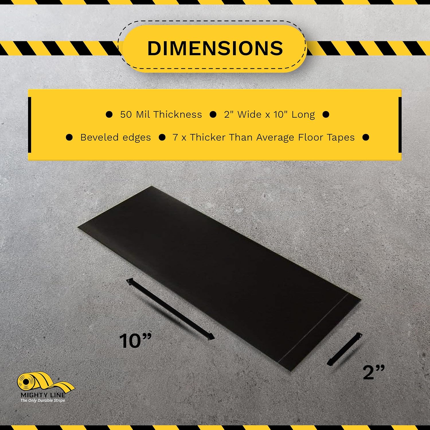 Mighty Line Floor Marking Tape Strips for Safety, Caution, Warning, Heavy-Duty, Peel and Stick, Adhesive, Industrial Quality, Black, 2" by 10"