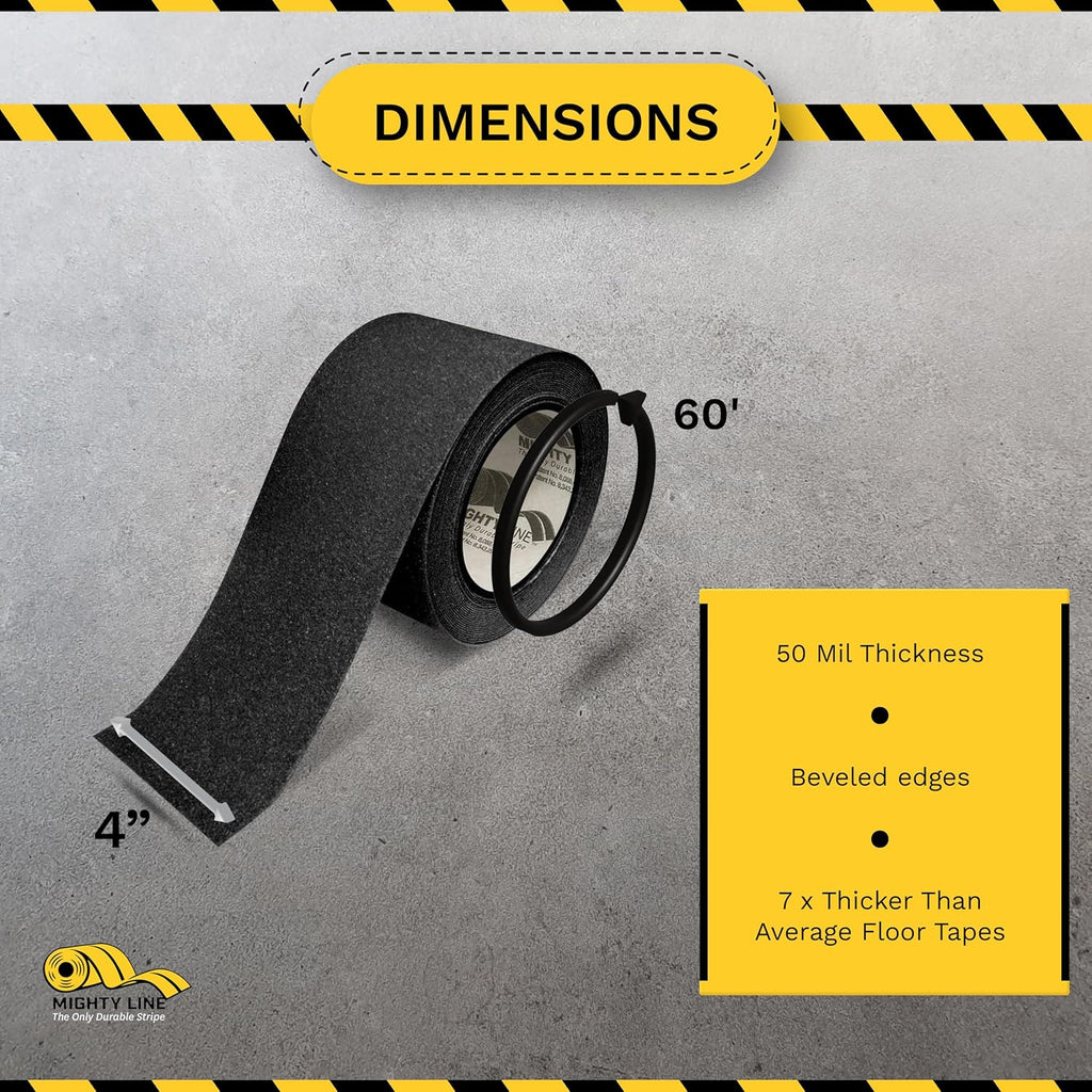 Mighty Line Anti-Slip Caution Floor Marking Tape for Safety, Warning, Heavy-Duty, Peel and Stick, Adhesive, Industrial Quality, 4" Black, 60' Roll