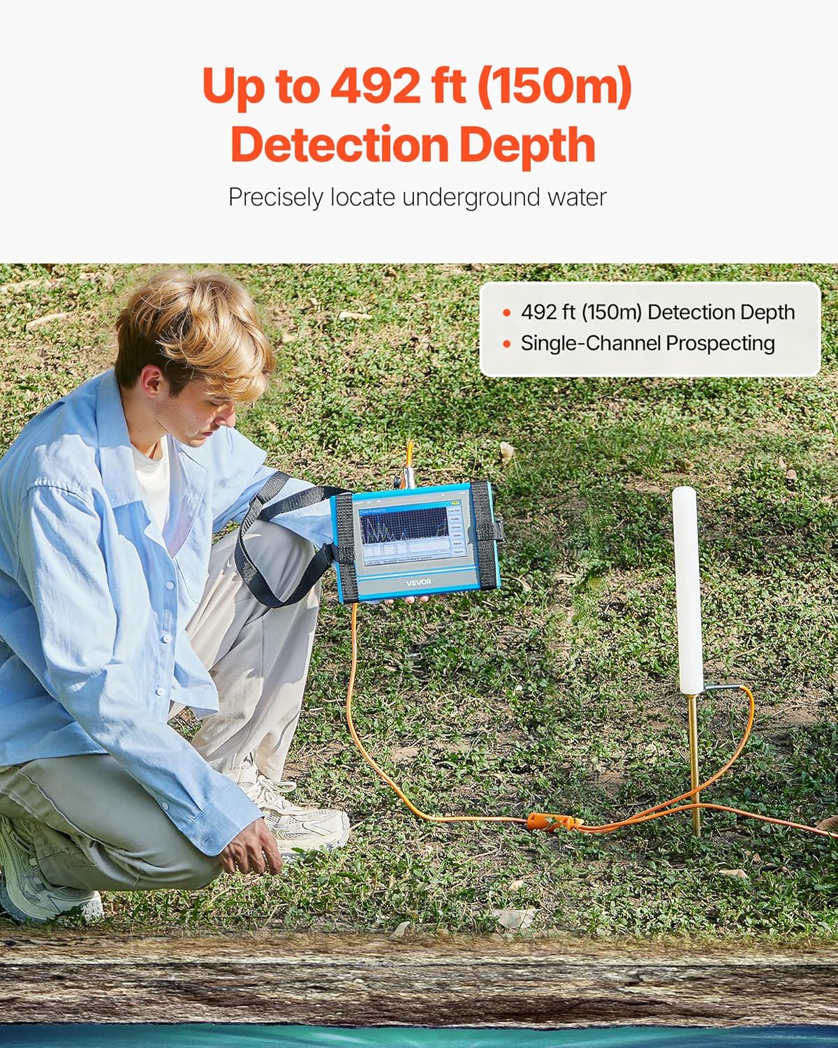 VEVOR Underground Water Detector, Up to 492ft (150m) Pro Underground Water Detection Locator, 7" Touchscreen Auto Mapping Well Detector Explorer with Multi-Frequency Measurement, 8GB Card, Carry Case
