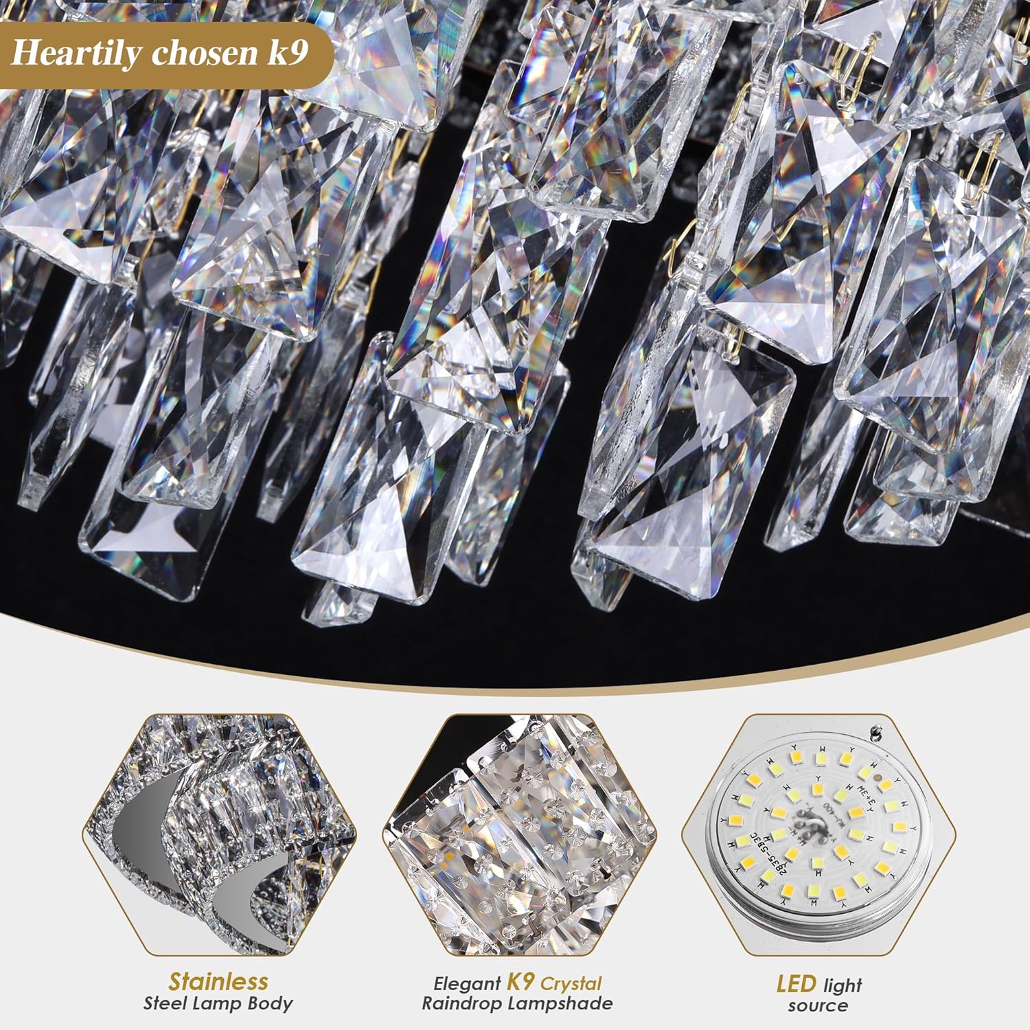 24 inch Crystal Black Ceiling-Light Flush Mount with Remote and APP Control, 3CCT Dimmable & Brightness Adjustable, Modern Crystal Raindrop Chandeliers for Bedroom Hallway Dinning Room Living Room
