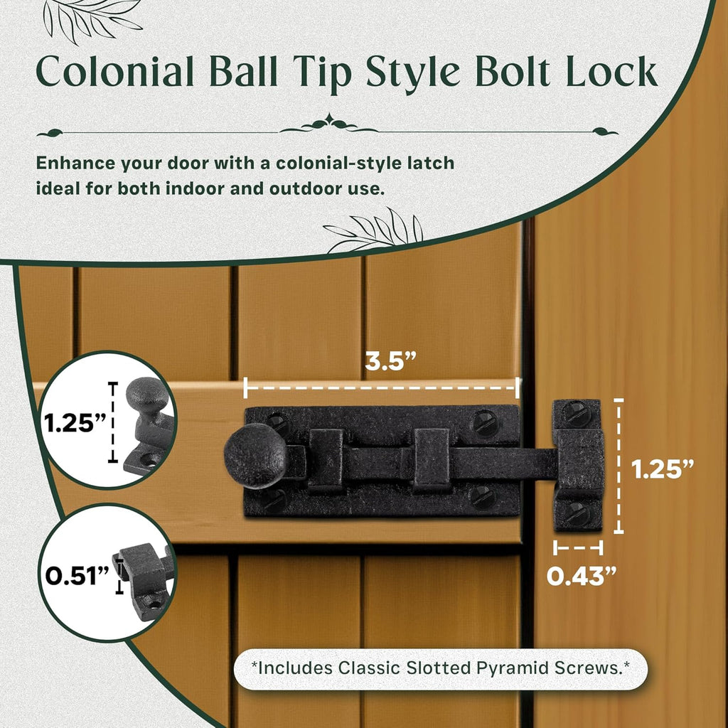 Renovators Supply Manufacturing Slide Bolt Latch 3.5 in. Black Wrought Iron Ball Tip Style Slide Bolt with Mounting Hardware