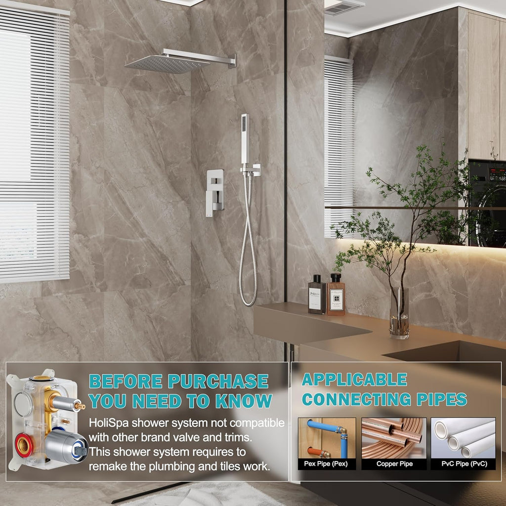 Brushed Nickel Shower System, Shower Faucet Set with 10-Inch Rain Showerhead and Handheld Spray, Wall Mounted High-Pressure Showerhead Combo Set Included Valve and Trim, Brushed Nickel